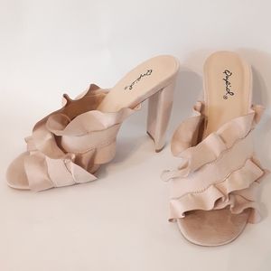 Qupid soft muted pink ruffle open toe slides